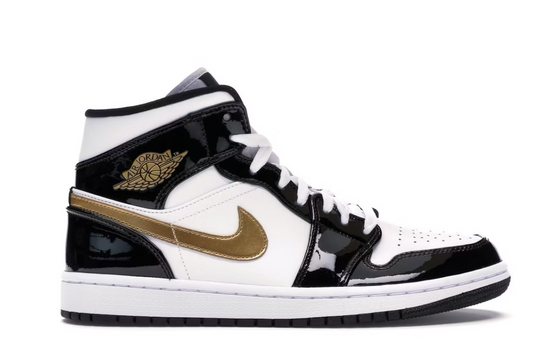 Jordan 1 Mid Patent Black White Gold